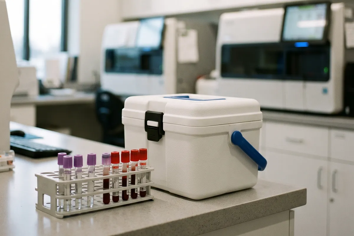 Blood specimen tubes and a transport cooler on a clinical lab counter, ready for medical courier pickup in Washington