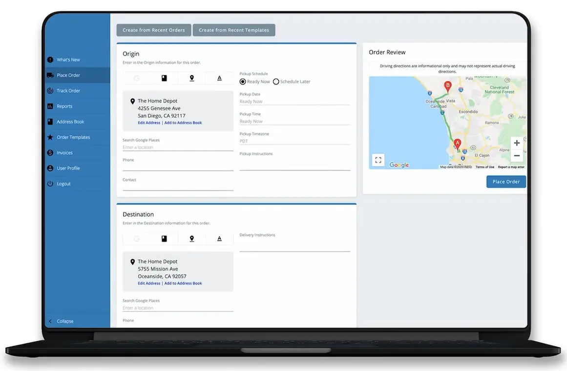AMCO customer portal showing scheduled pickup, delivery, and order review