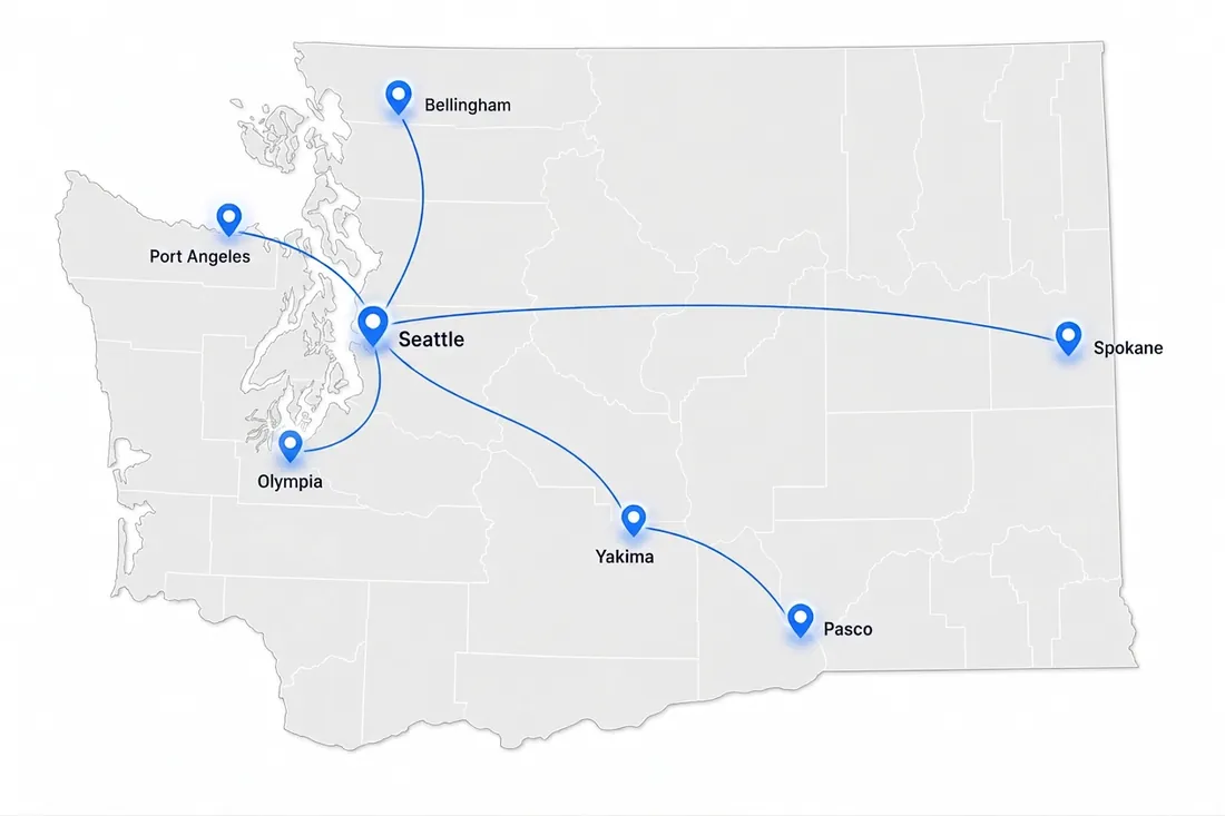 Washington state coverage map showing AMCO Delivery routes connecting Seattle, Bellingham, Port Angeles, Olympia, Yakima, Pasco and Spokane